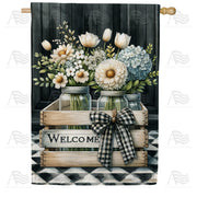 Monochrome Welcome Florals House Flag