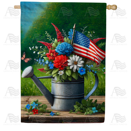 America Forever Patriotic Floral Watering Can House Flag