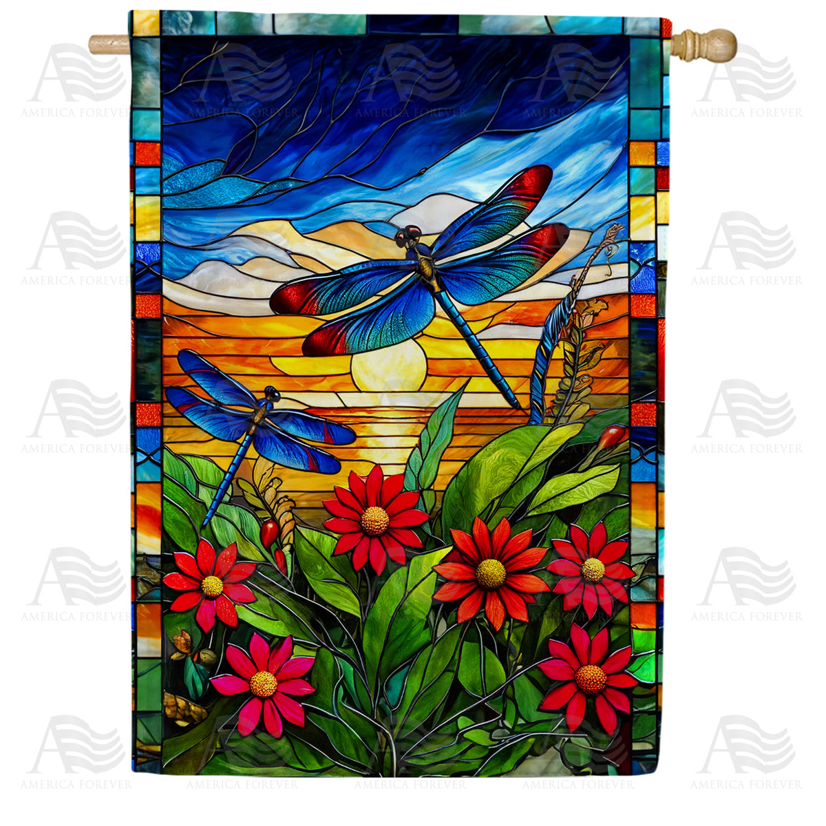America Forever Stained Glass Dragonflies House Flag