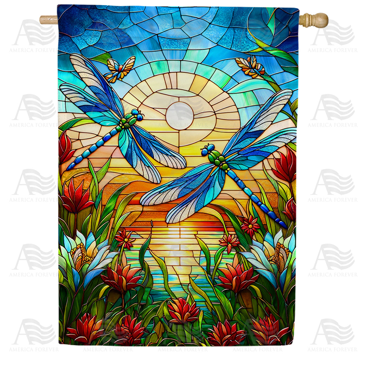 America Forever Dragonflies Stained Glass House Flag