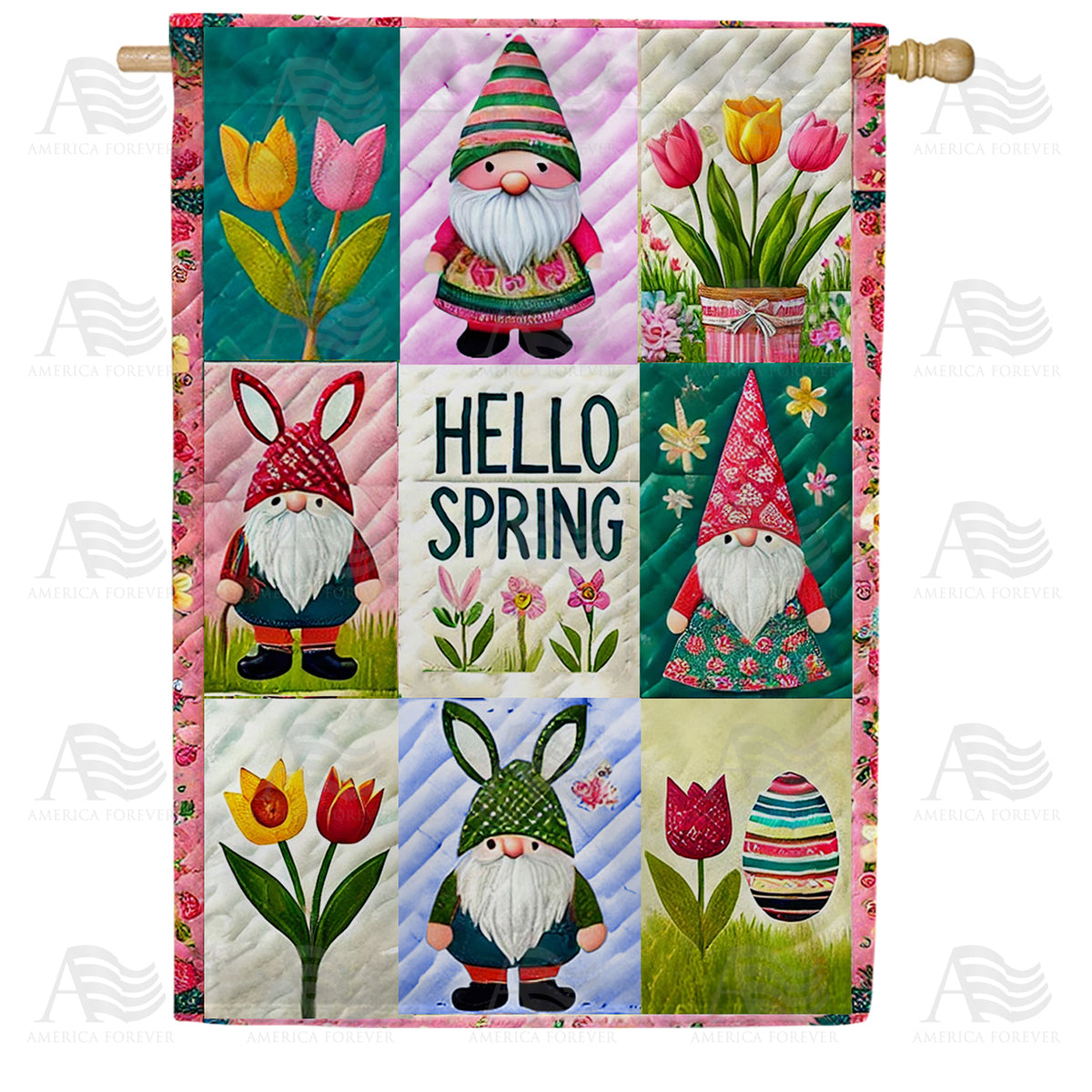 America Forever Hello Spring Gnome House Flag