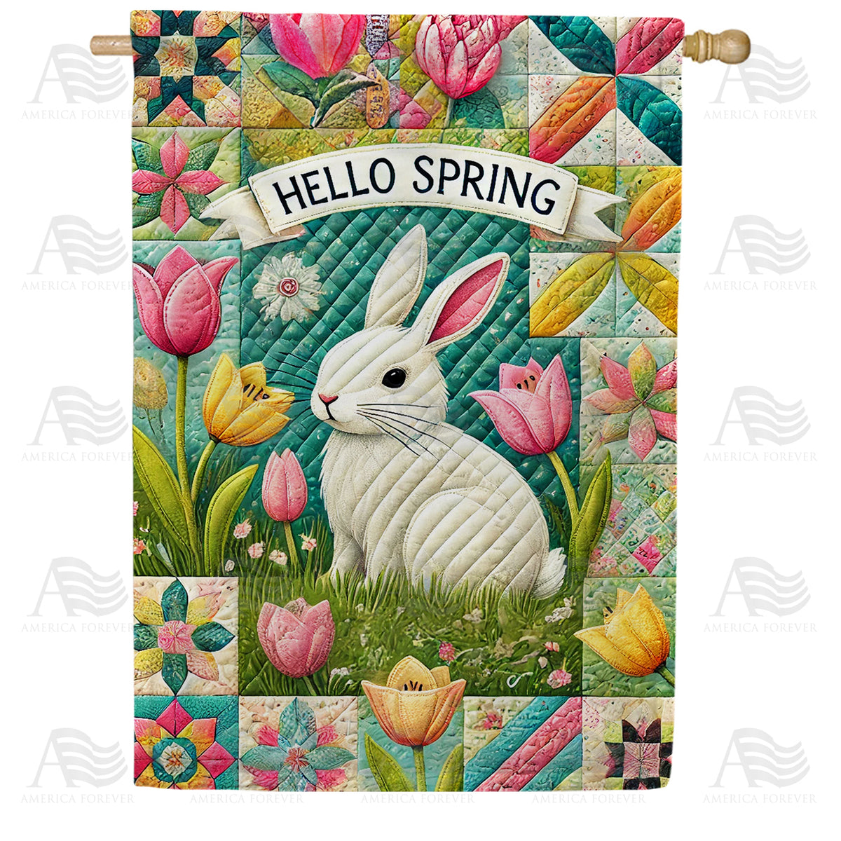 America Forever Hello Spring Bunny House Flag