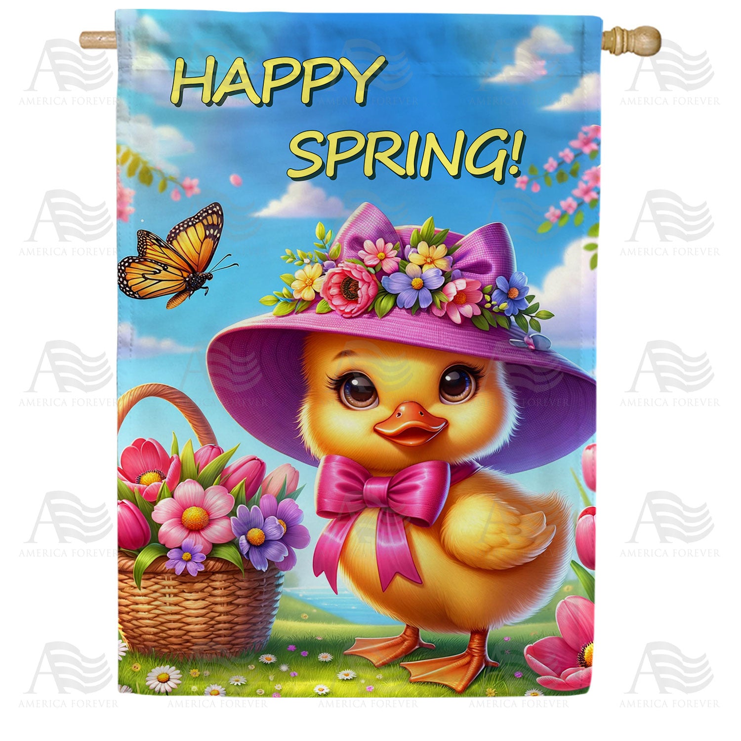 America Forever Happy Spring Duck with Flowers House Flag