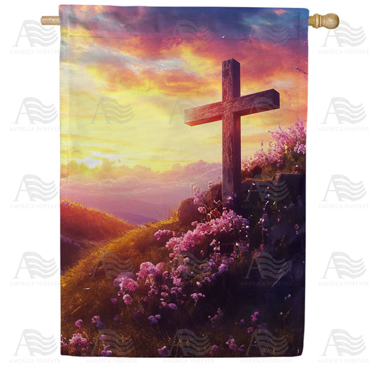 America Forever Sunset Cross with Wildflowers House Flag
