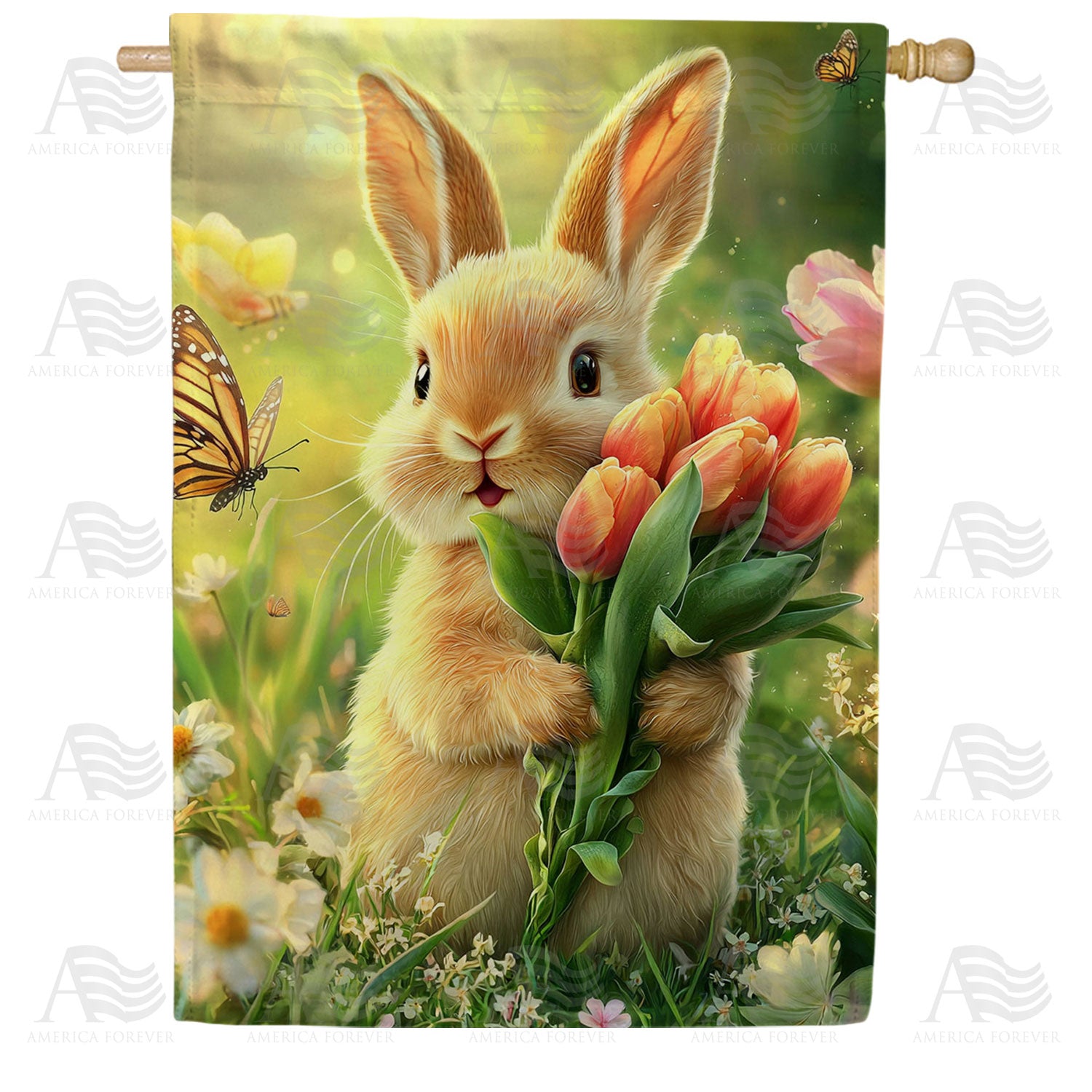 America Forever Spring Bunny Tulip Bouquet House Flag