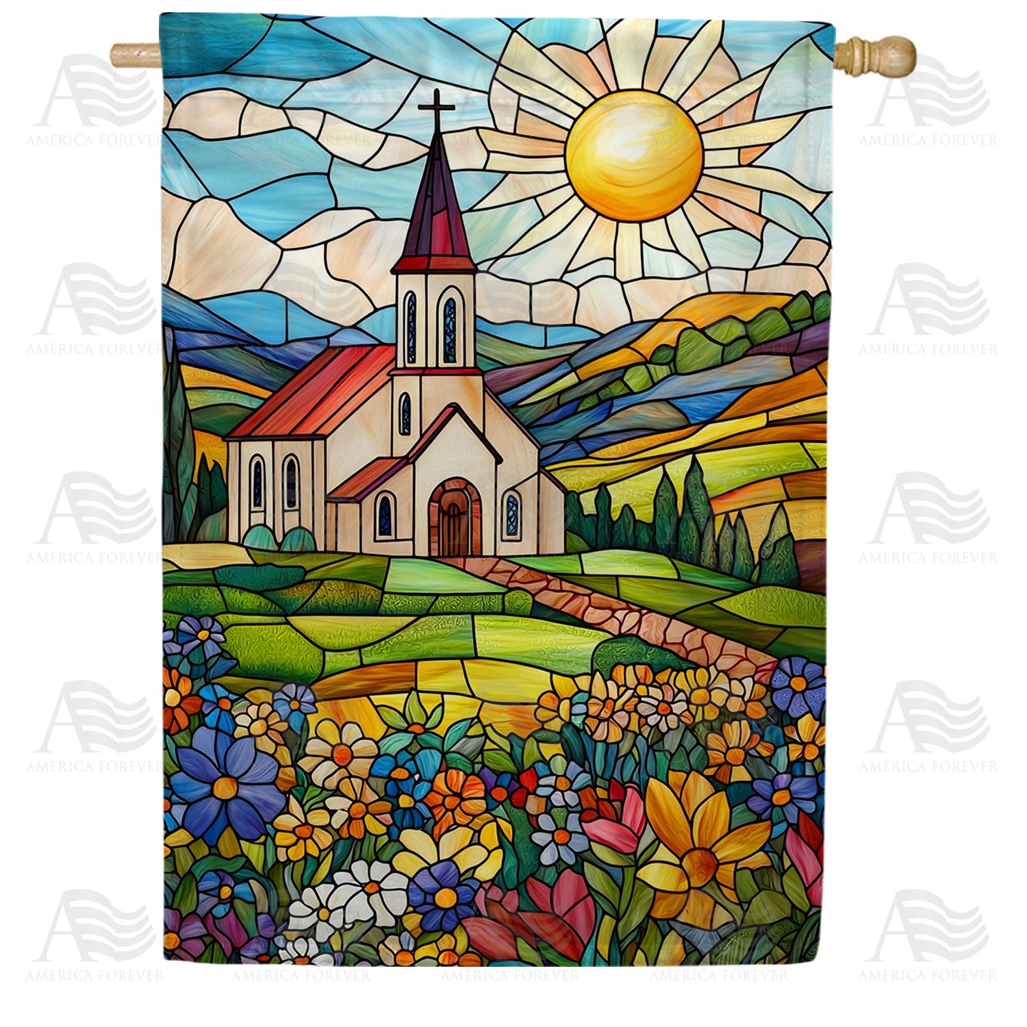 America Forever Stained Glass Church Meadow House Flag