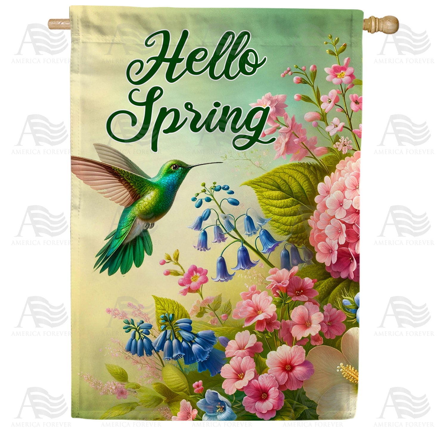 America Forever Hello Spring Hummingbird Floral House Flag
