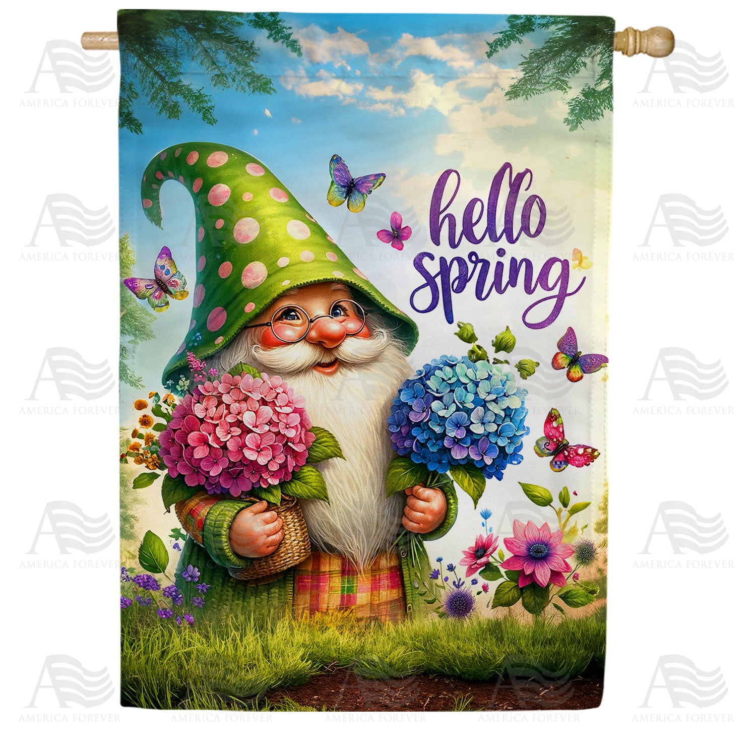 America Forever Hello Spring Garden Gnome Hydrangea House Flag