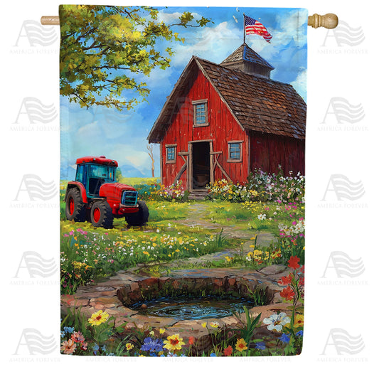 America Forever Patriotic Red Schoolhouse Farm Scene House Flag