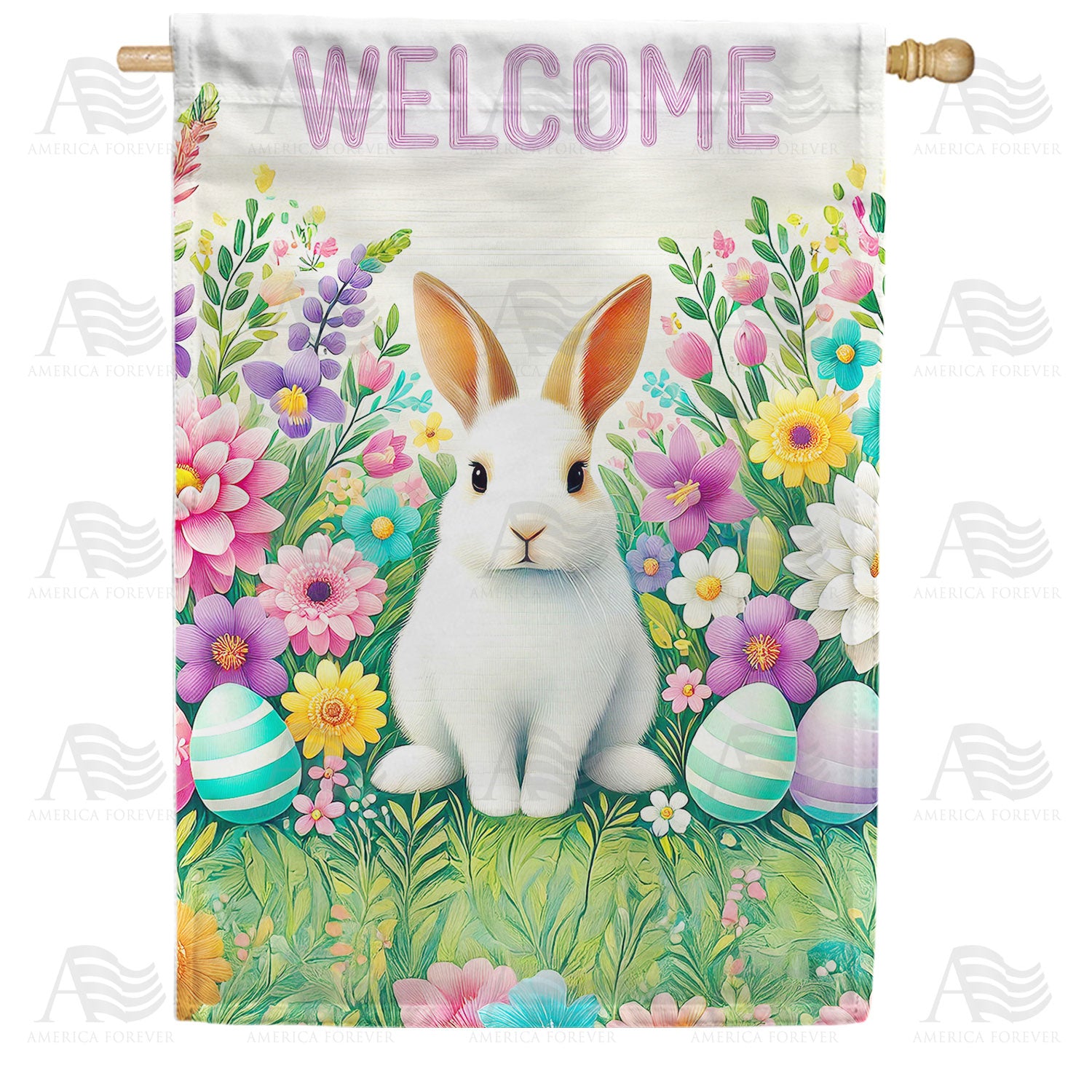 Welcome Spring Bunny Easter Flowers Double Sided House Flag
