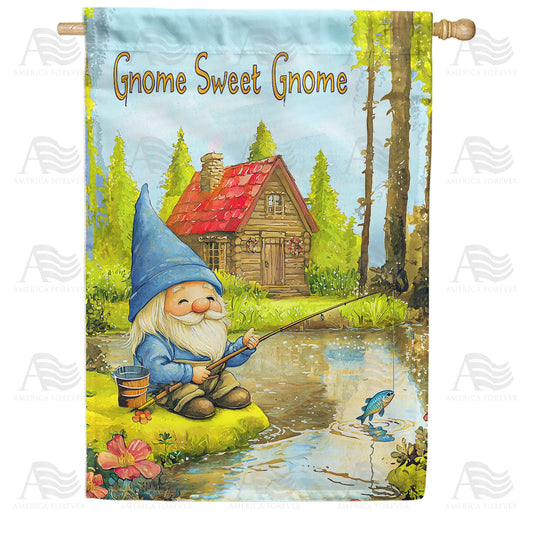 Gnome Sweet Gnome Fishing Cabin Double Sided House Flag