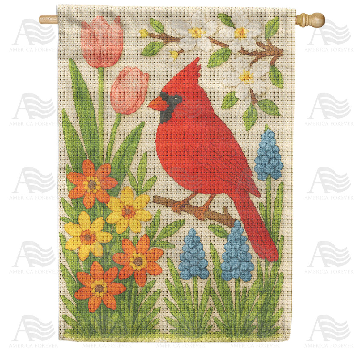 Spring Cardinal Floral Burlap Double Sided House Flag