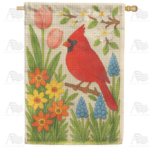 Spring Cardinal Floral Burlap Double Sided House Flag