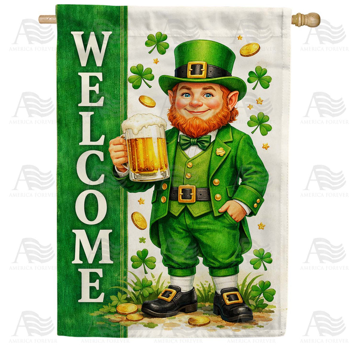 Welcome Leprechaun St. Patrick's Day Shamrock House Flag