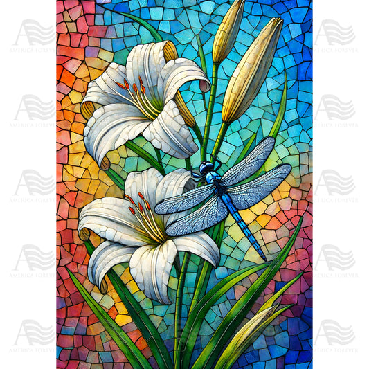 Stained Glass Lily and Dragonfly House Flag