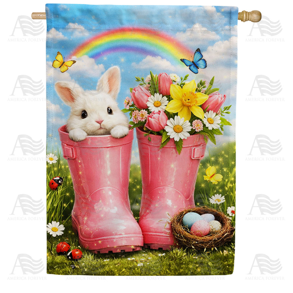 Spring Easter Bunny Rainbow Boots Flowers House Flag