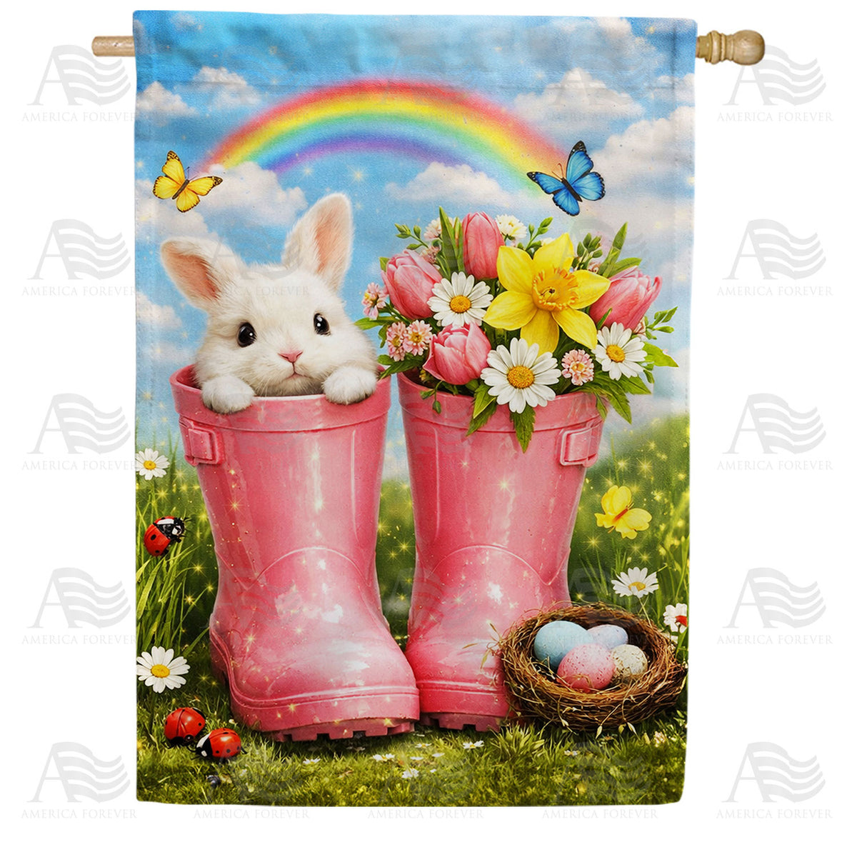Spring Easter Bunny Rainbow Boots Flowers House Flag