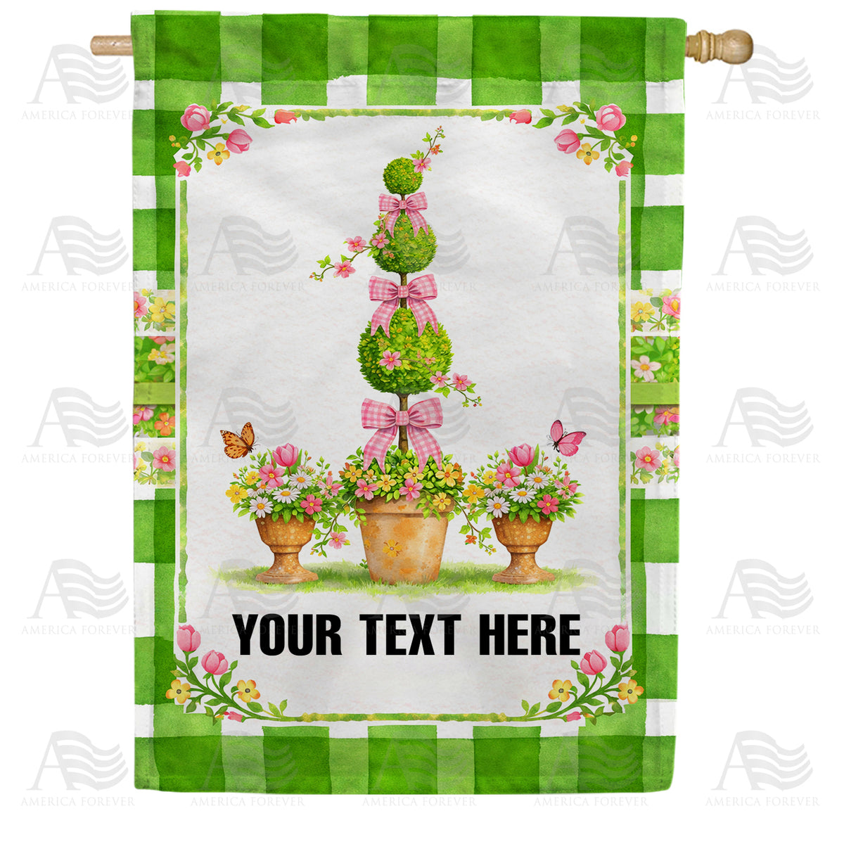 Personalized Spring Topiary with Pink Bows Double Sided House Flag