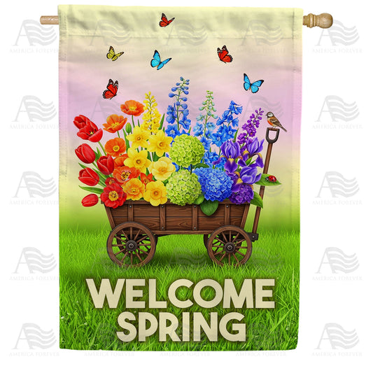 Welcome Spring Flower Wagon with Butterflies House Flag