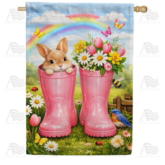 Spring Bunny in Pink Rain Boots House Flag