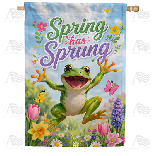 Spring Has Sprung Frog with Flowers House Flag