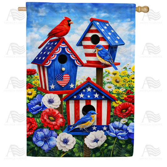Patriotic Red Cardinals and Bluebirds Birdhouse House Flag