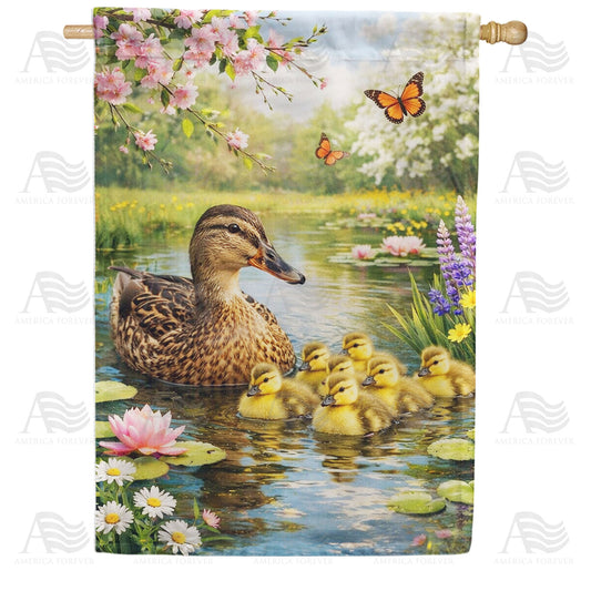 Mother Duck and Ducklings Spring Pond Scene House Flag