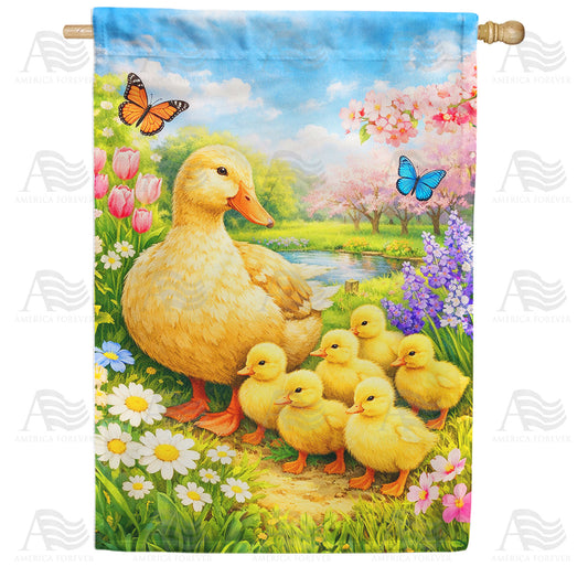 Spring Mother Duck and Ducklings with Butterflies House Flag