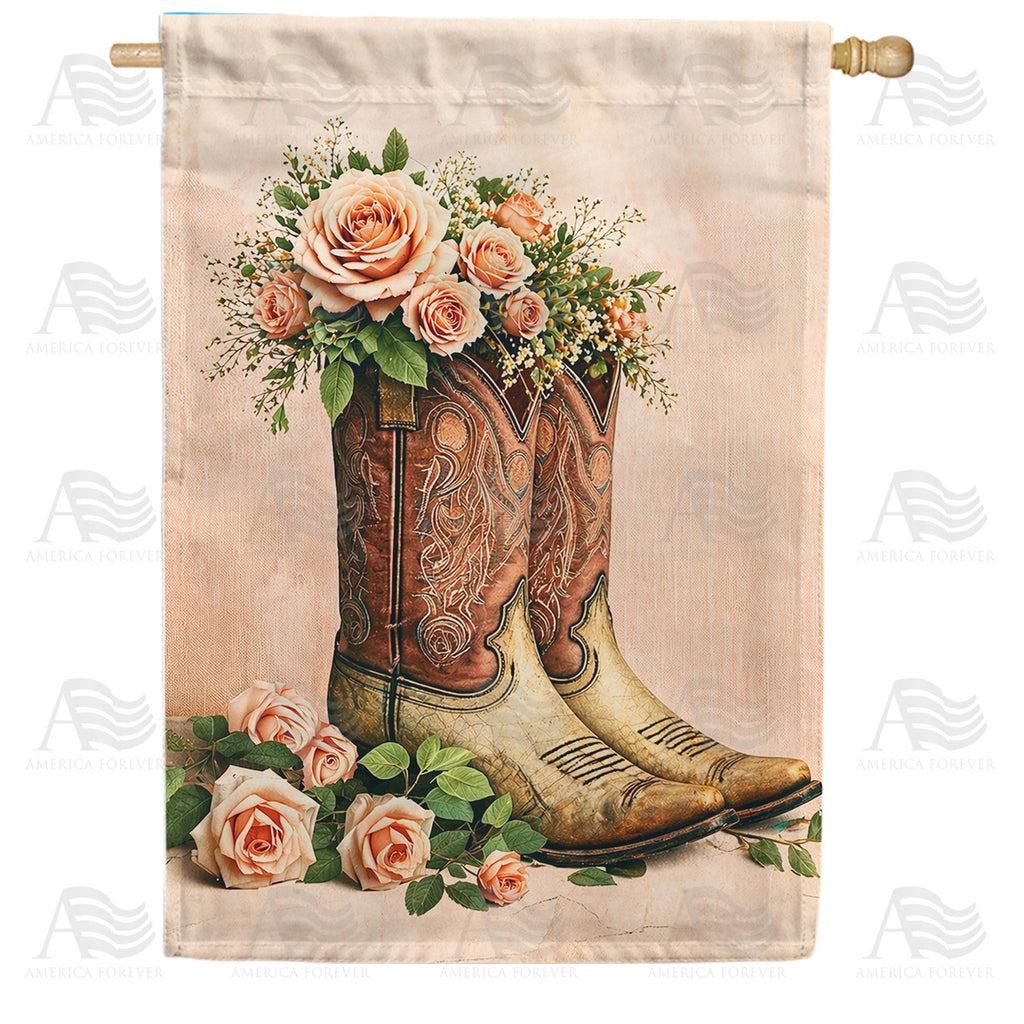 Cowboy Boots with Pink Roses Western Floral House Flag