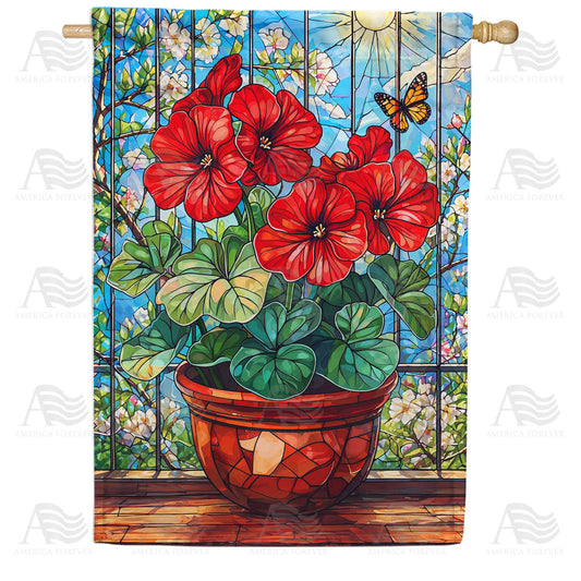 Stained Glass Red Geraniums and Butterfly House Flag