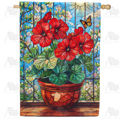 Stained Glass Red Geraniums and Butterfly House Flag