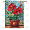 Stained Glass Red Geraniums and Butterfly House Flag