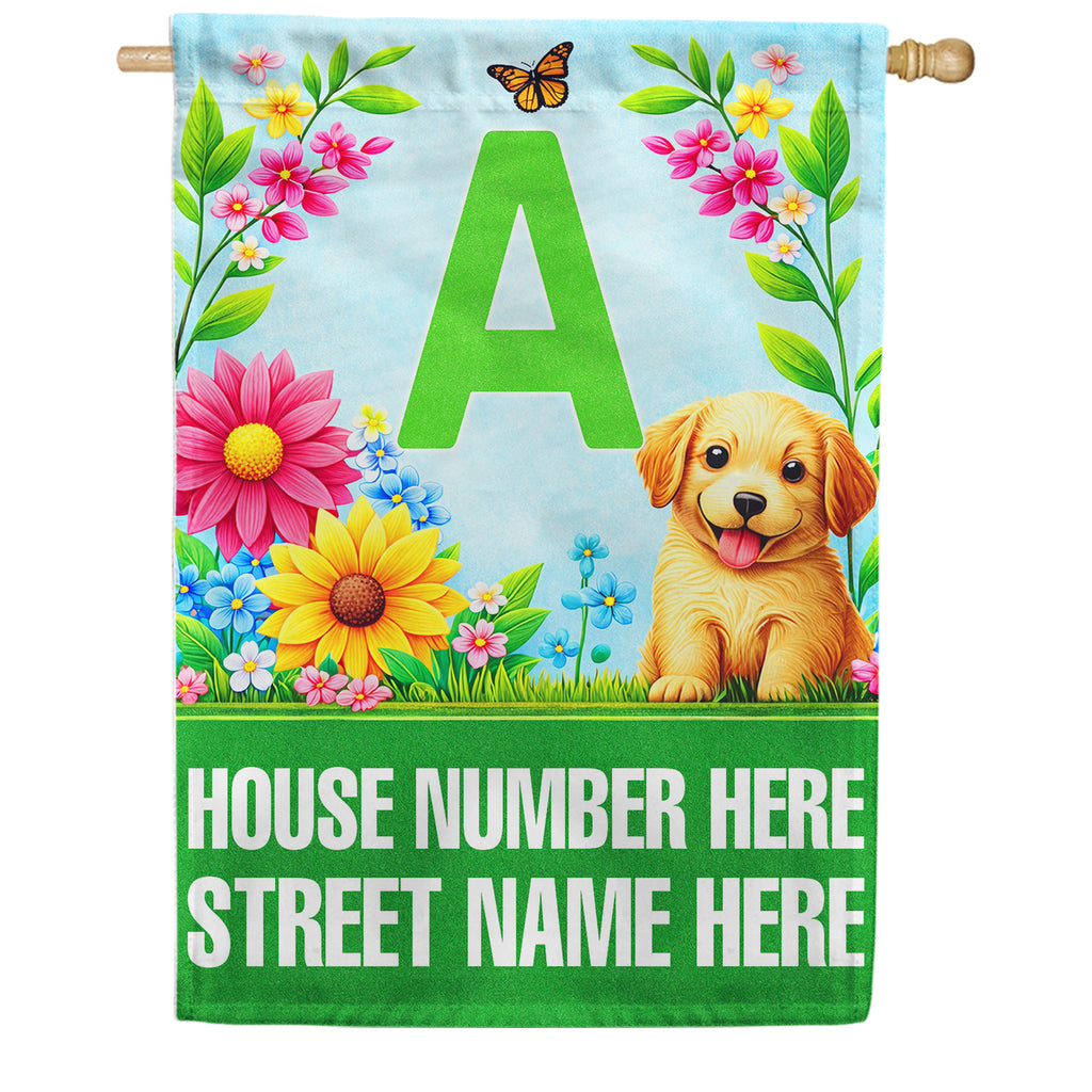 America Forever Spring Puppy Floral Monogram Personalized Address House Flag