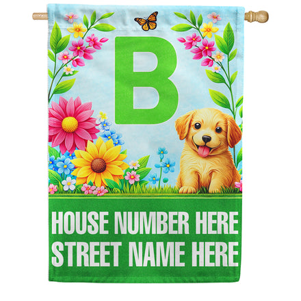 America Forever Spring Puppy Floral Monogram Personalized Address House Flag