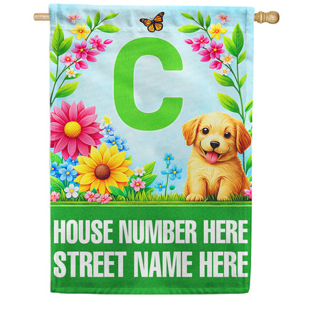 America Forever Spring Puppy Floral Monogram Personalized Address House Flag