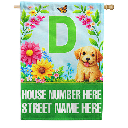 America Forever Spring Puppy Floral Monogram Personalized Address House Flag