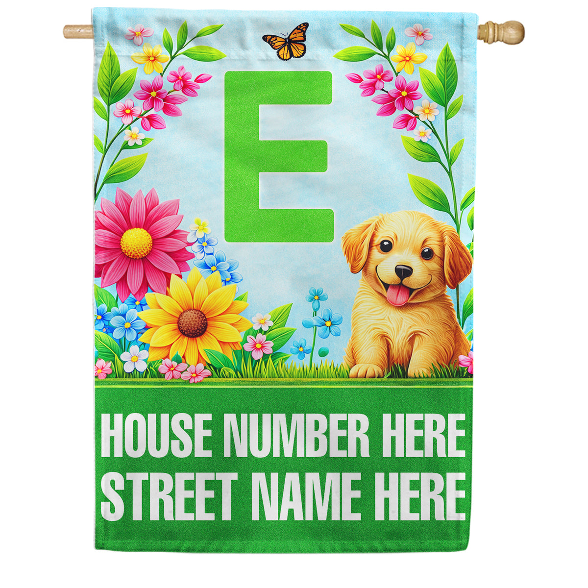 America Forever Spring Puppy Floral Monogram Personalized Address House Flag