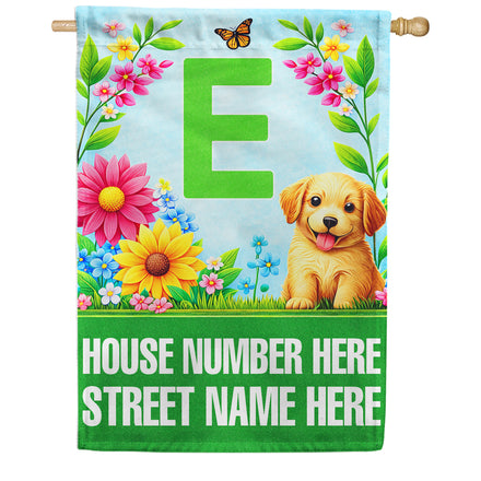 America Forever Spring Puppy Floral Monogram Personalized Address House Flag