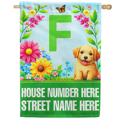 America Forever Spring Puppy Floral Monogram Personalized Address House Flag