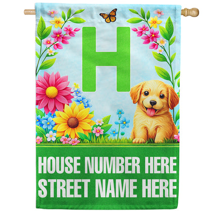America Forever Spring Puppy Floral Monogram Personalized Address House Flag