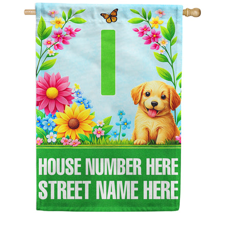 America Forever Spring Puppy Floral Monogram Personalized Address House Flag