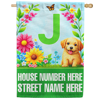 America Forever Spring Puppy Floral Monogram Personalized Address House Flag