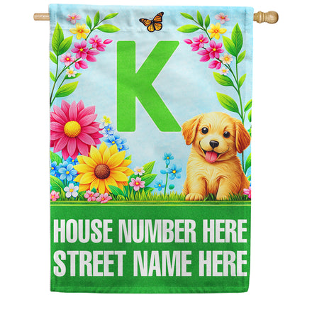 America Forever Spring Puppy Floral Monogram Personalized Address House Flag