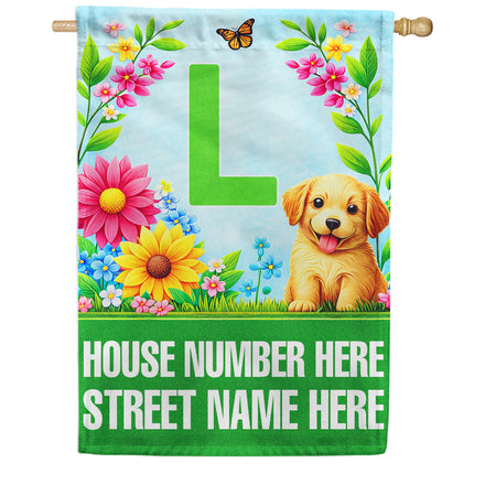 America Forever Spring Puppy Floral Monogram Personalized Address House Flag