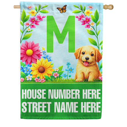 America Forever Spring Puppy Floral Monogram Personalized Address House Flag