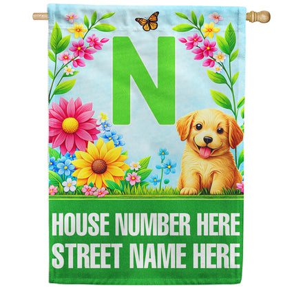 America Forever Spring Puppy Floral Monogram Personalized Address House Flag