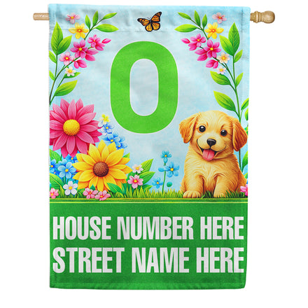 America Forever Spring Puppy Floral Monogram Personalized Address House Flag