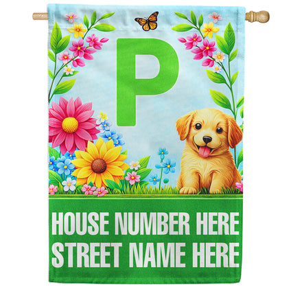 America Forever Spring Puppy Floral Monogram Personalized Address House Flag