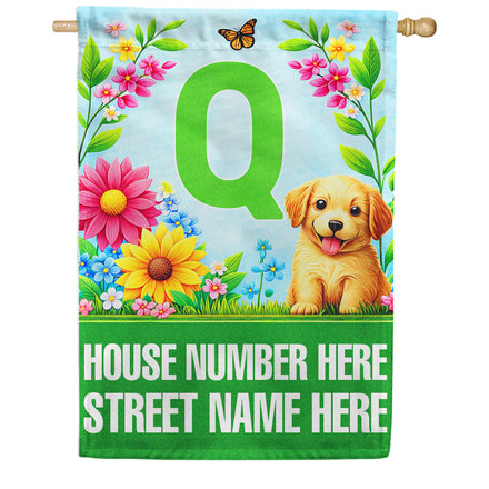 America Forever Spring Puppy Floral Monogram Personalized Address House Flag