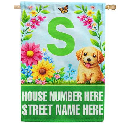America Forever Spring Puppy Floral Monogram Personalized Address House Flag